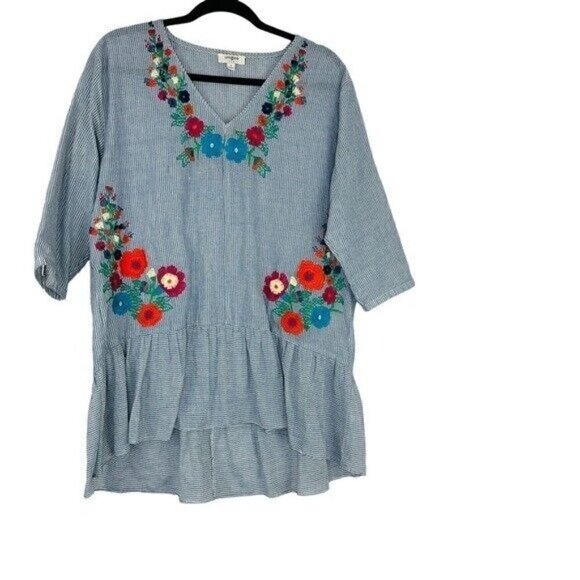 Umgee embroidered pink striped blouse size Small - Picture 2 of 9